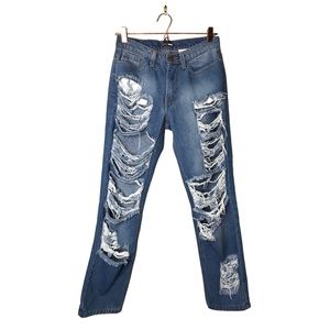 Fashion Nova | Ripped distressed dark Wash straight leg jeans •